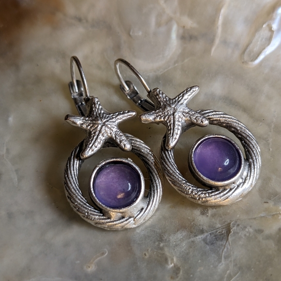 Natural Purple Jade in Silver Plated Starfish Earrings - Picture 1 of 4